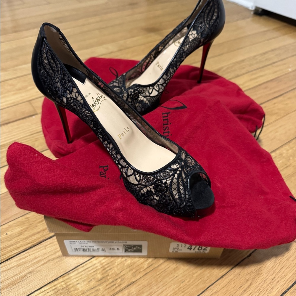 Christian Louboutin Black Lace Peep-Toe Heels
